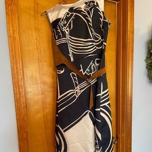 Blue/white dress w/ asymmetrical leather belt